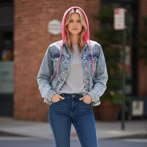 Samantha Sipos Zinna Denim Trucker Jean Jacket Knit Hood. Blue XS #903 NWT